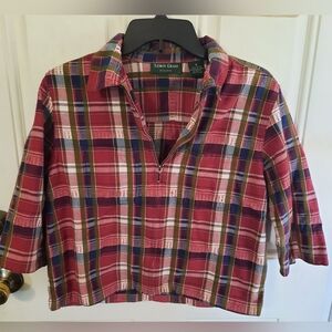 Lemon Grass Studio Red, White And Blue Plaid 1/2 Zip-Up Shirt With Pockets